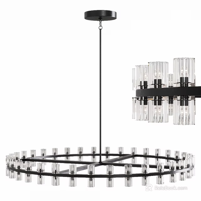 Modern Hanging Chandelier With Black Frame And Multiple Transparent Glass Cylinders 3d model 