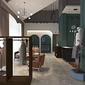 Clothing Store Interior With Teal Walls Reception Desk Hanging Clothes And Mannequin In Suit