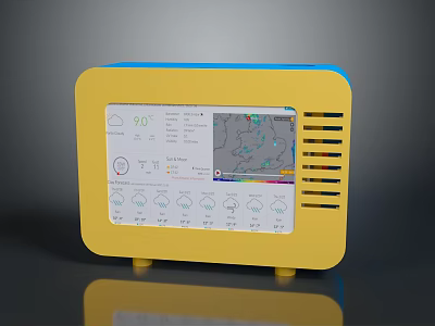Yellow Blue Digital Weather Monitor With Screen Showing Temperature And Map 3d model