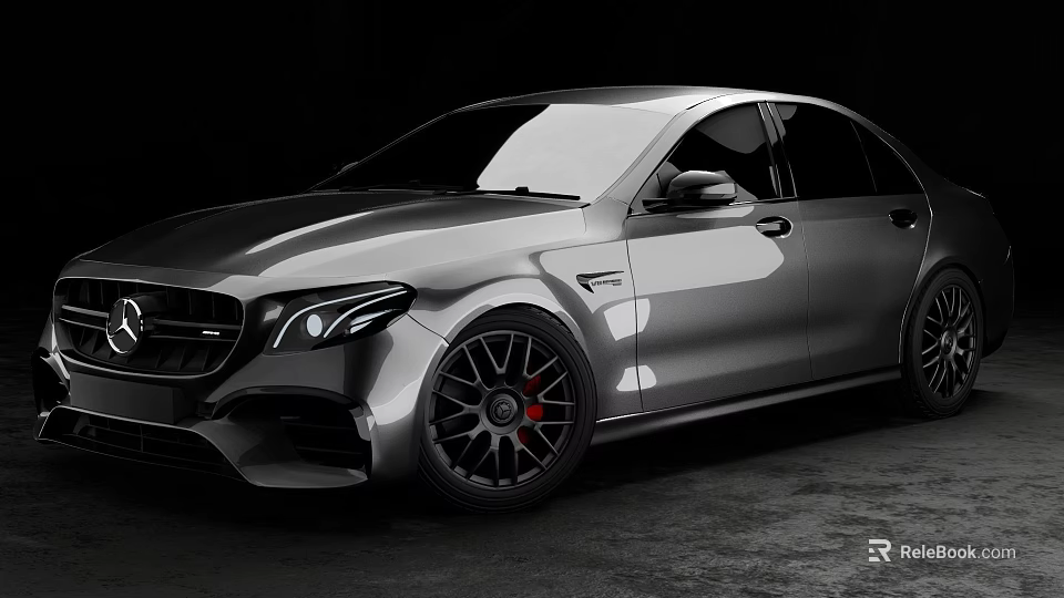 Silver Mercedes Luxury Sports Sedan With Black Alloy Wheels And Red Brake Calipers 3d model 