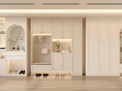 Modern White Shoe Cabinet With Bench Hanging Hooks Decorative Plants Open Closed Storage And Lighting 3d model
