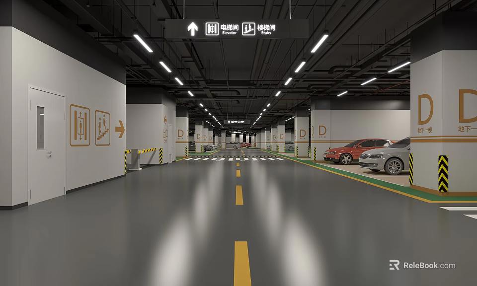 Modern Parking Garage Interior With Clear Signs Lighting Floor Markings And Parked Cars 3d model 