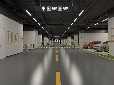 Modern Parking Garage Interior With Clear Signs Lighting Floor Markings And Parked Cars 3d model