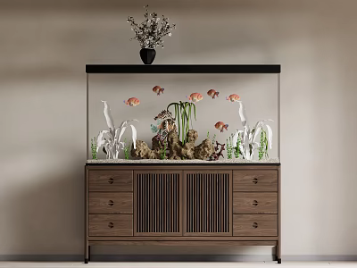 Wooden Storage Cabinet with Top Fish Tank Containing Fish Plants Rocks and Drawers with Doors 3d model