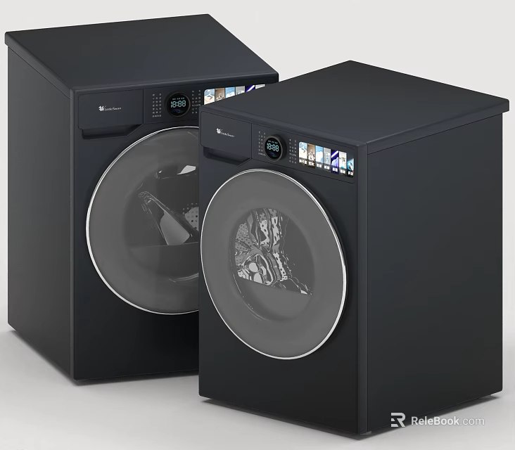 Two Black Front Load Washing Machines Modern Home Appliances With Digital Control Panel 3d model