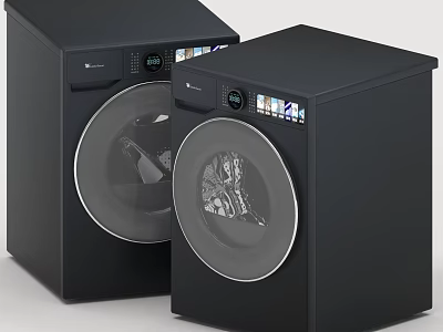 Two Black Front Load Washing Machines Modern Home Appliances With Digital Control Panel 3d model