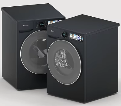Two Black Front Load Washing Machines Modern Home Appliances With Digital Control Panel 3d model