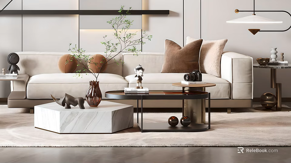 Modern Sofa And Coffee Table Set With Light Upholstery Marble Top Metal Frame And Decorative Pillows 3d model 