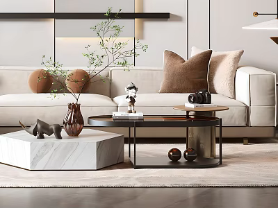 Modern Sofa And Coffee Table Set With Light Upholstery Marble Top Metal Frame And Decorative Pillows 3d model