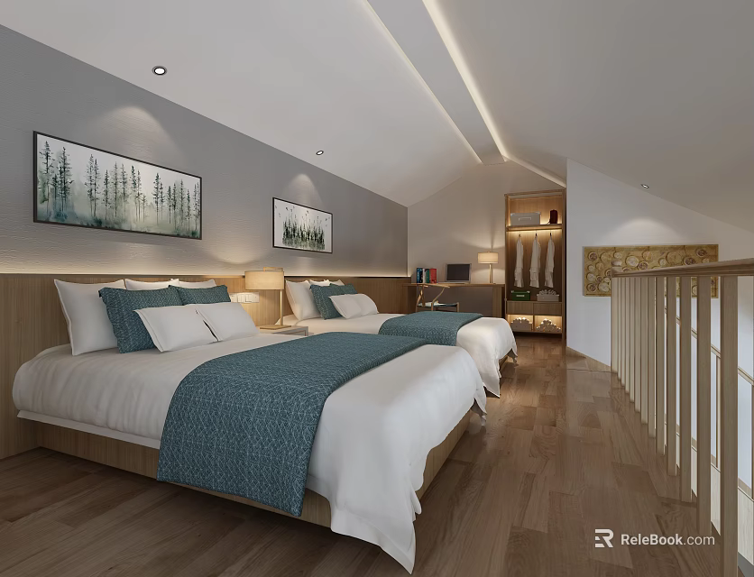 Hotel Guest Room Interior With Twin Beds Gray Walls Landscape Paintings And Wooden Floors 3d model 