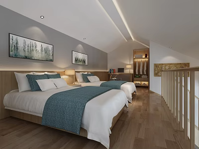 Hotel Guest Room Interior With Twin Beds Gray Walls Landscape Paintings And Wooden Floors 3d model