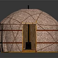 Traditional Dome Shaped Yurt With Fabric Cover Red Straps And Wooden Door Structure
