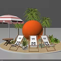 Beach Scene With Pink White Striped Umbrella Palm Trees Orange Sphere Beach Chairs And Sand 3d model
