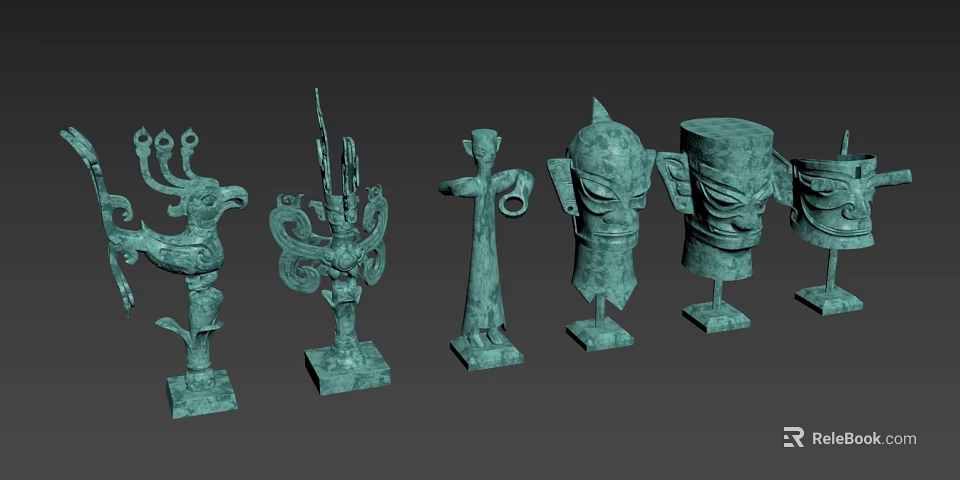 Ancient Bronze Decorative Ornament Set With Various Shapes And Square Base 3d model 