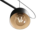 Two Modern Black Dome Shaped Pendant Lights Hanging On Black Rod With Illuminated Bulbs