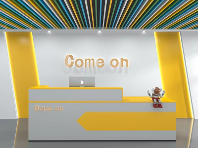 Front Desk Reception Area With Colorful Striped Ceiling Yellow Gray Desk And Come On Sign 3d model