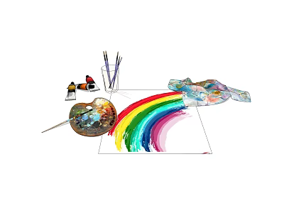 Art Supplies With Palette Brushes Paints And Rainbow Painting On Paper 3d model