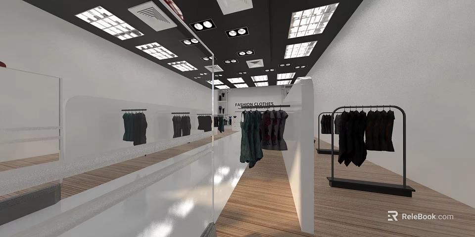 Modern Clothing Store Interior With Bright Lighting And Clothes Display Racks 3d model 