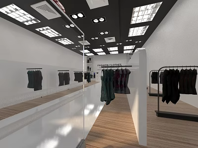 Modern Clothing Store Interior With Bright Lighting And Clothes Display Racks 3d model