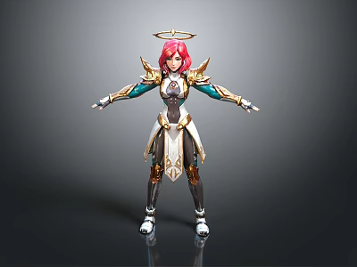 Woman With Red Hair And Halo In Ornate Gold Green Armor Standing With Outstretched Arms 3d model