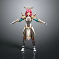 Woman With Red Hair And Halo In Ornate Gold Green Armor Standing With Outstretched Arms
