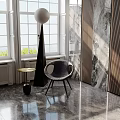Modern Indoor Scene Featuring Black Cone Shaped Inflatable With Windows Gray Chair And Marble Floor