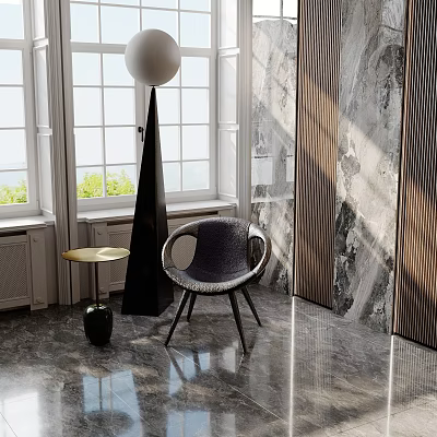 Modern Indoor Scene Featuring Black Cone Shaped Inflatable With Windows Gray Chair And Marble Floor 3d model