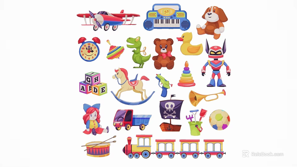 Assorted Children's Toy Silhouettes With Airplane Piano Bear Dinosaur Blocks And Train 3d model 