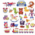 Assorted Children's Toy Silhouettes With Airplane Piano Bear Dinosaur Blocks And Train