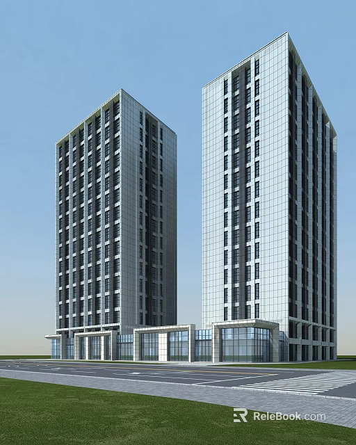 Two Tall Modern Office Buildings With Glass Curtain Walls And Large Windows 3d model 