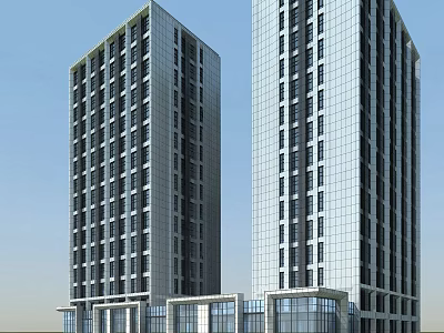 Two Tall Modern Office Buildings With Glass Curtain Walls And Large Windows 3d model