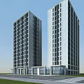 Two Tall Modern Office Buildings With Glass Curtain Walls And Large Windows
