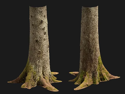 Rustic Wood Tree Trunks Featuring Natural Stone Texture And Moss Covered Roots 3d model