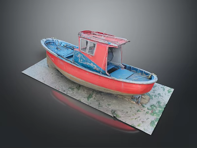Old Red And Blue Weathered Boat Displayed On Platform With Worn Hull And Mud Stains 3d model