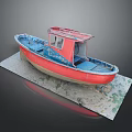 Old Red And Blue Weathered Boat Displayed On Platform With Worn Hull And Mud Stains