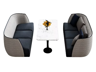 Modern Public Chairs with Gray Navy Blue Upholstery and Marble Table with Yellow Flowers 3d model