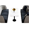 Modern Public Chairs with Gray Navy Blue Upholstery and Marble Table with Yellow Flowers