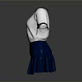 White Blouse With Blue Collar Trim And Bow Cuffs Paired With Blue Pleated Skirt