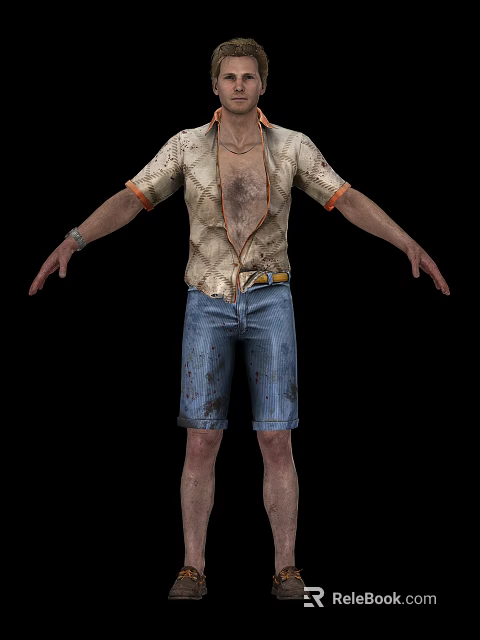 Man In Dirty Beige Shirt With Orange Trim Sleeves Blue Denim Shorts And Yellow Belt 3d model 