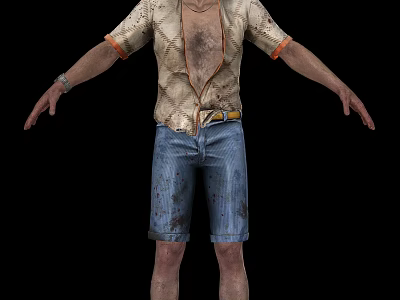 Man In Dirty Beige Shirt With Orange Trim Sleeves Blue Denim Shorts And Yellow Belt 3d model