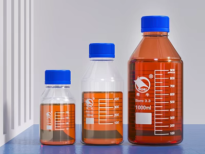 Medical Laboratory Bottles With Blue Caps Different Sizes Graduated Transparent And Brown 3d model
