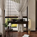 Wooden Desk by Window with Beige Curtains Open Book Photo Frame and Green Plant