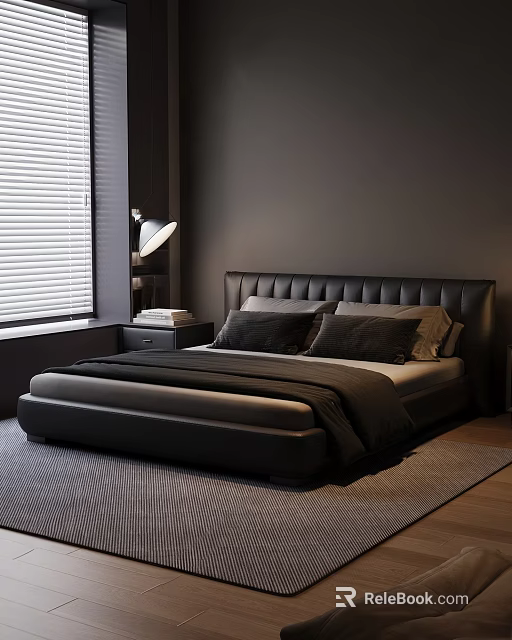 Modern Dark Bedroom Interior With Leather Headboard Window Blinds Table Lamp And Rug 3d model 