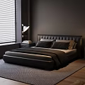 Modern Dark Bedroom Interior With Leather Headboard Window Blinds Table Lamp And Rug