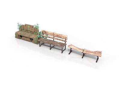 Wooden Garden Furniture Set Including Benches And Planter Box With Green Plants 3d model