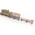 Wooden Garden Furniture Set Including Benches And Planter Box With Green Plants