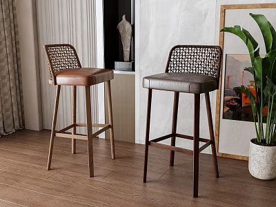 Modern Bar Stools With Woven Backrest Leather Seat And Wooden Legs In Indoor Space 3d model