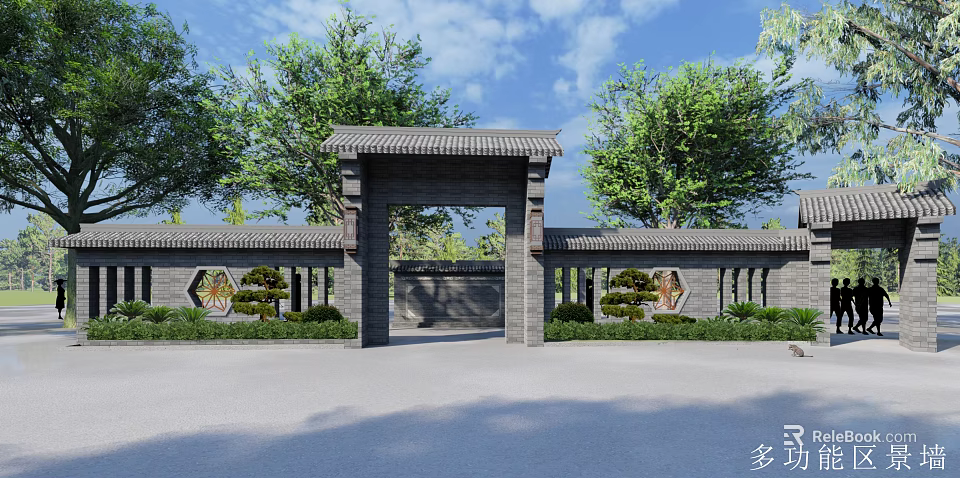Traditional Chinese Garden Landscape With Classic Gate Roof Brick Wall Ornamental Shrubs Green Trees 3d model 