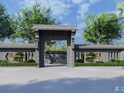 Traditional Chinese Garden Landscape With Classic Gate Roof Brick Wall Ornamental Shrubs Green Trees 3d model