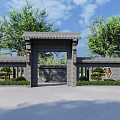 Traditional Chinese Garden Landscape With Classic Gate Roof Brick Wall Ornamental Shrubs Green Trees